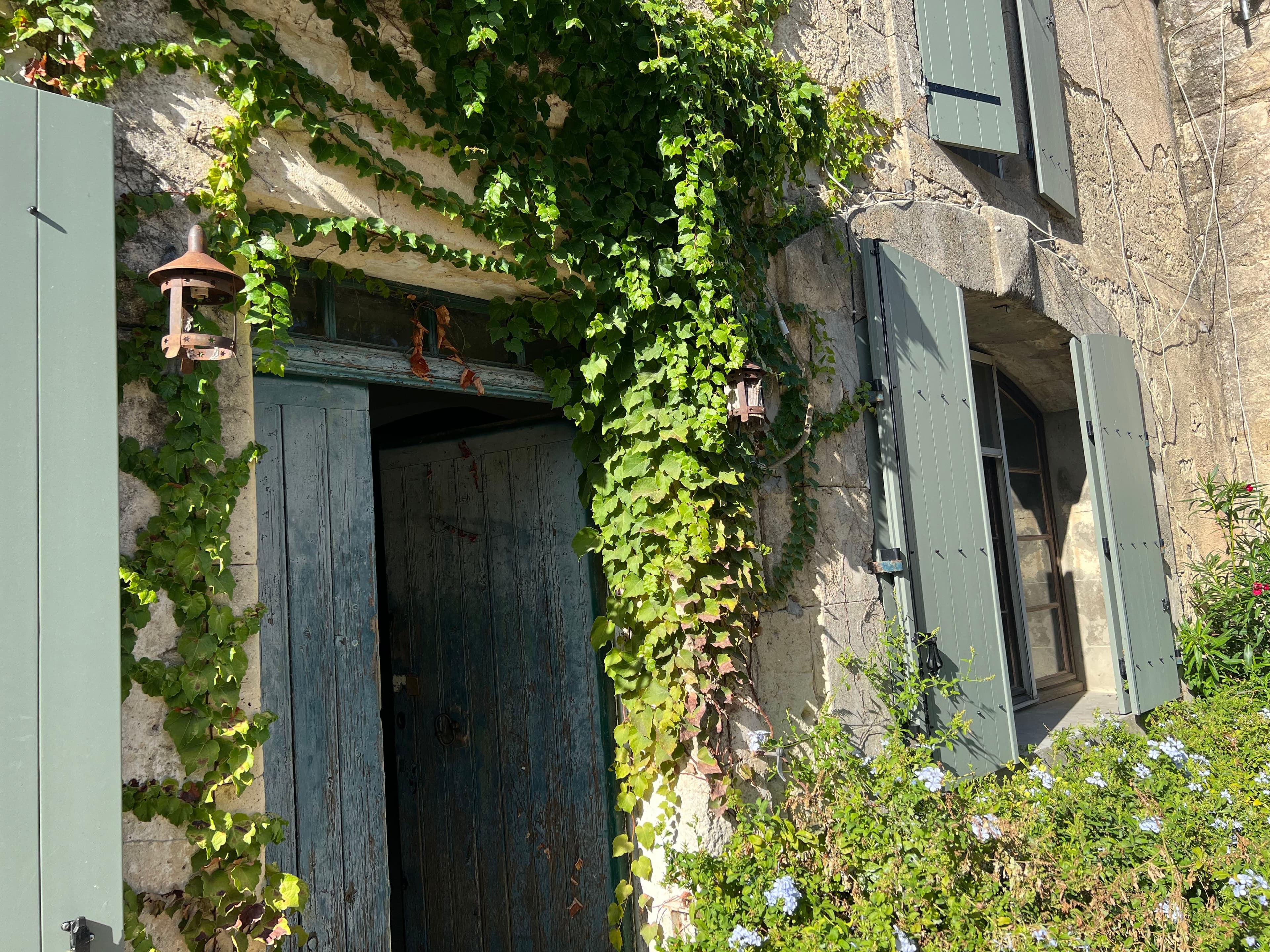 The main entrance door framed by climbing ivy and grey shutters