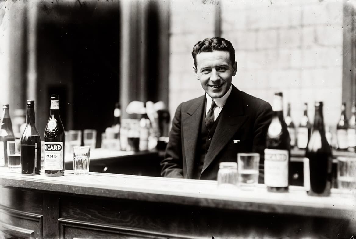 Paul Ricard, creator of Ricard pastis, as he perhaps would have been back in the 1930s with a little help from AI.